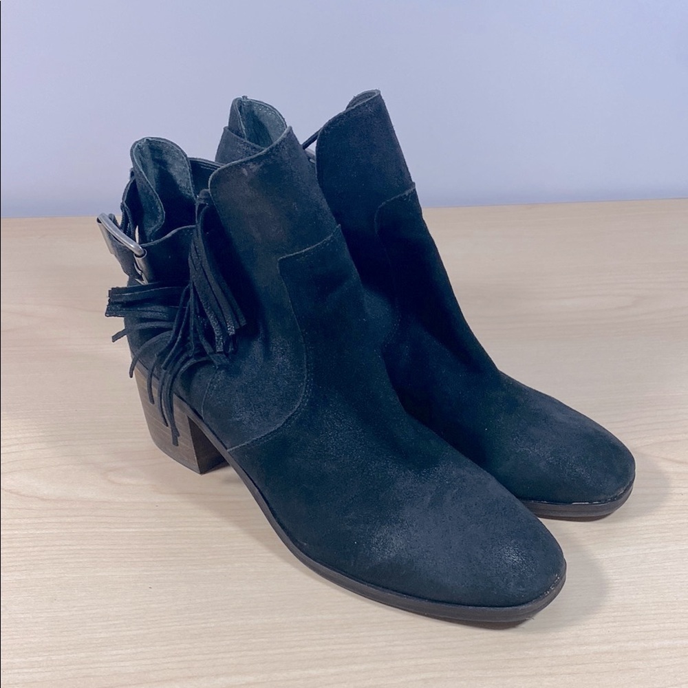 Lucky Brand Makenna Black Suede Ankle Boots with Fringe Detail